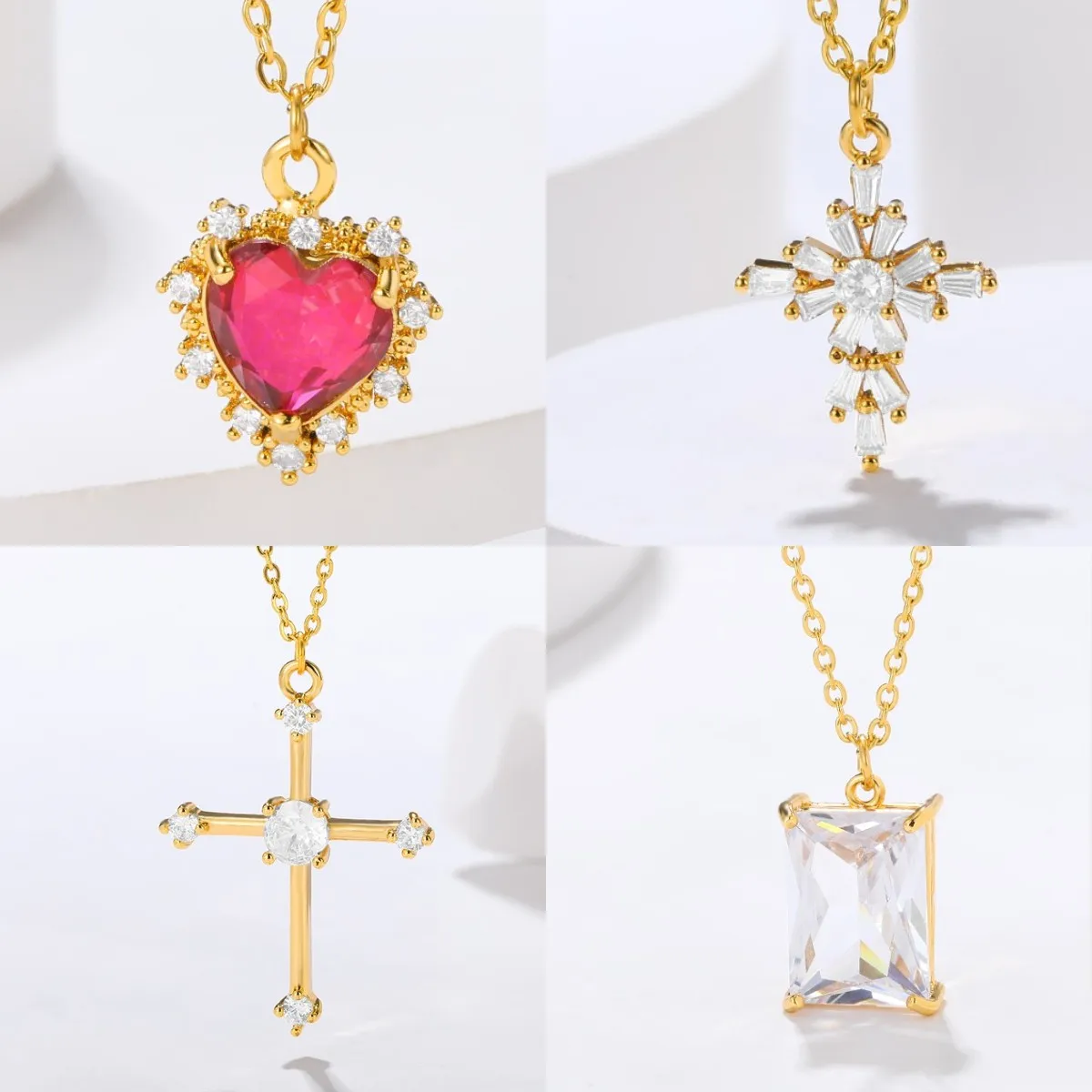 Exquisite Square Zirconia Necklace Gold Color Copper Metal Heart-Shaped Gradient Colour Necklace Elegant Jewelry Free shipping