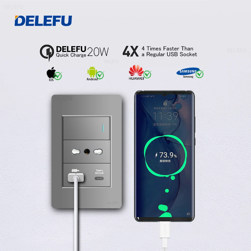 DELEFU Szary Chile PC Włochy USB TypeC Szybkie ładowanie Gniazdo ścienne Schuko Tuya Wifi Inteligentny przełącznik Sat TV Tel Dzwonek do drzwi Kurtyna — zdjęcie 4