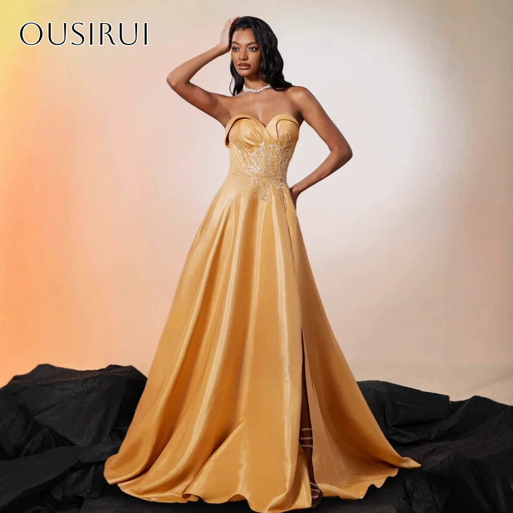 Vestido de fiesta de corte A con escote en forma de corazón con cuentas, tren de barrido dividido de satén, corsé en la espalda plisado, personalizado, facebookдебное pлаokubе