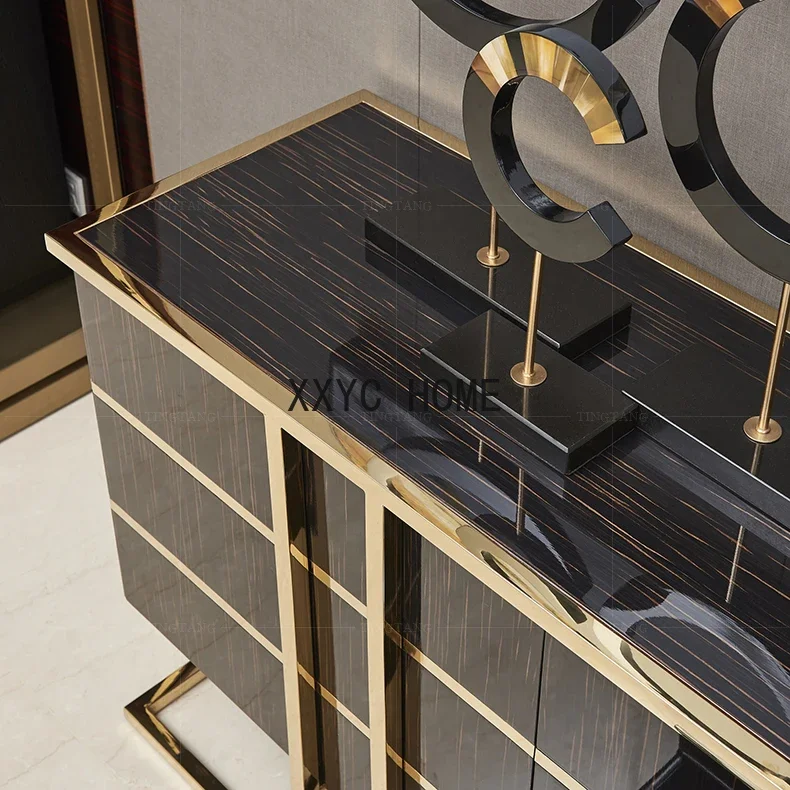 خزانة جانبية بلون الشمبانيا الذهبي والفولاذ المقاوم للصدأ والأبنوس وخزانة مطعم الضيوف وغرفة نموذجية تخصيص مجموعة كاملة من الأثاث