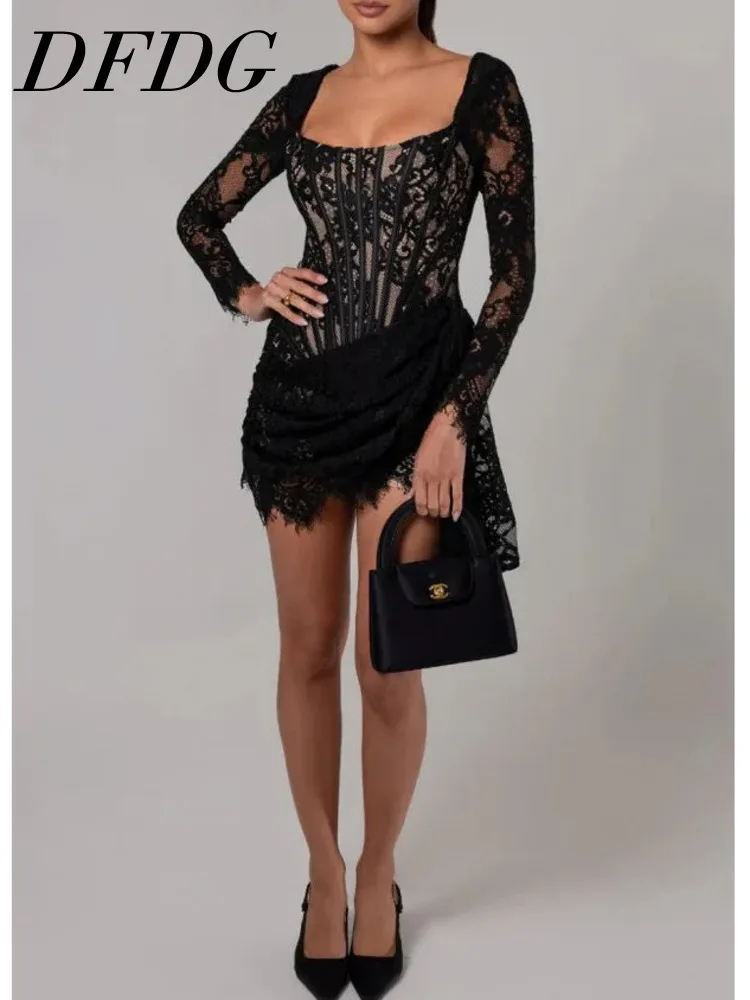 

Женское мини-платье DFDG с квадратным вырезом, кружевом и шнуровкой, асимметричное, для вечеринок и клубов, модное, трендовое, 2026
