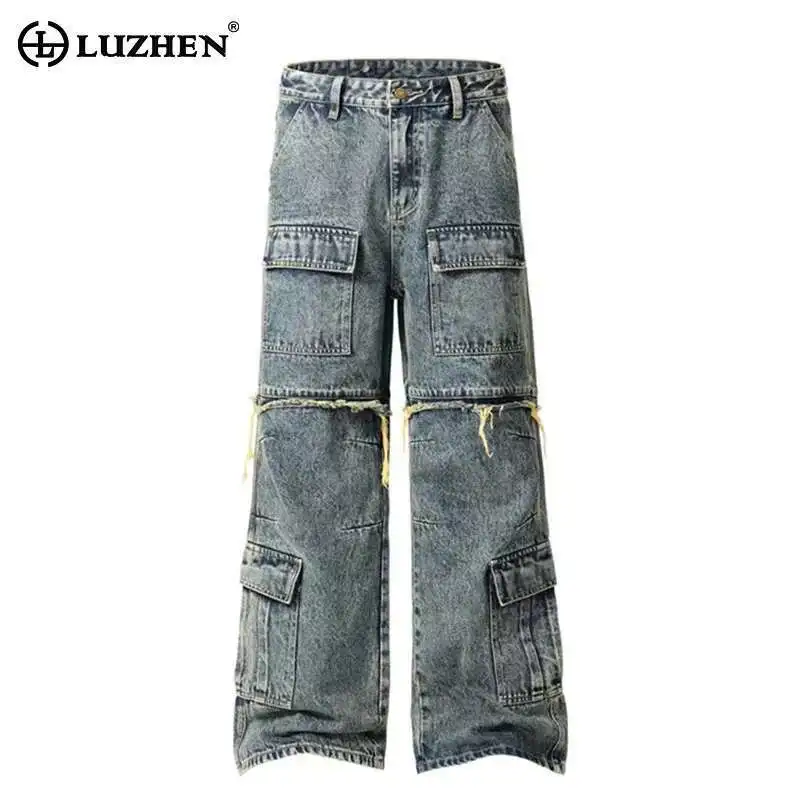 

LUZHEN Hip-hop High Street Multi Pocket Cargo Jeans 2025 Original Splicing Design Personalized Men's Straight Denim Pants LZ9974