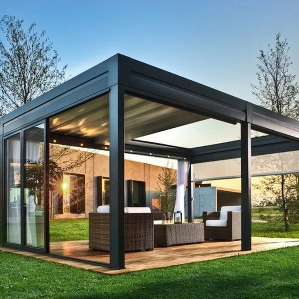 High End Aluminum Frame Waterproof Windproof Motorized Louver Pergola For Backyard Oasis Relaxation Retractable Summerhouse