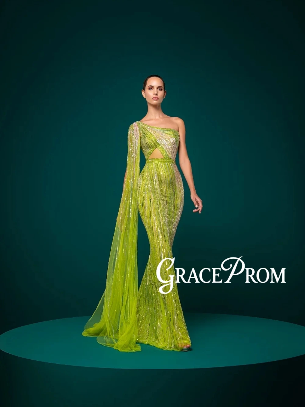 

New Arrival Fluorescent Green Evening Dress Arabic Muslim One Shoulder Dazzling Prom Gown Opulent Beaded Mermaid Cocktail Wear