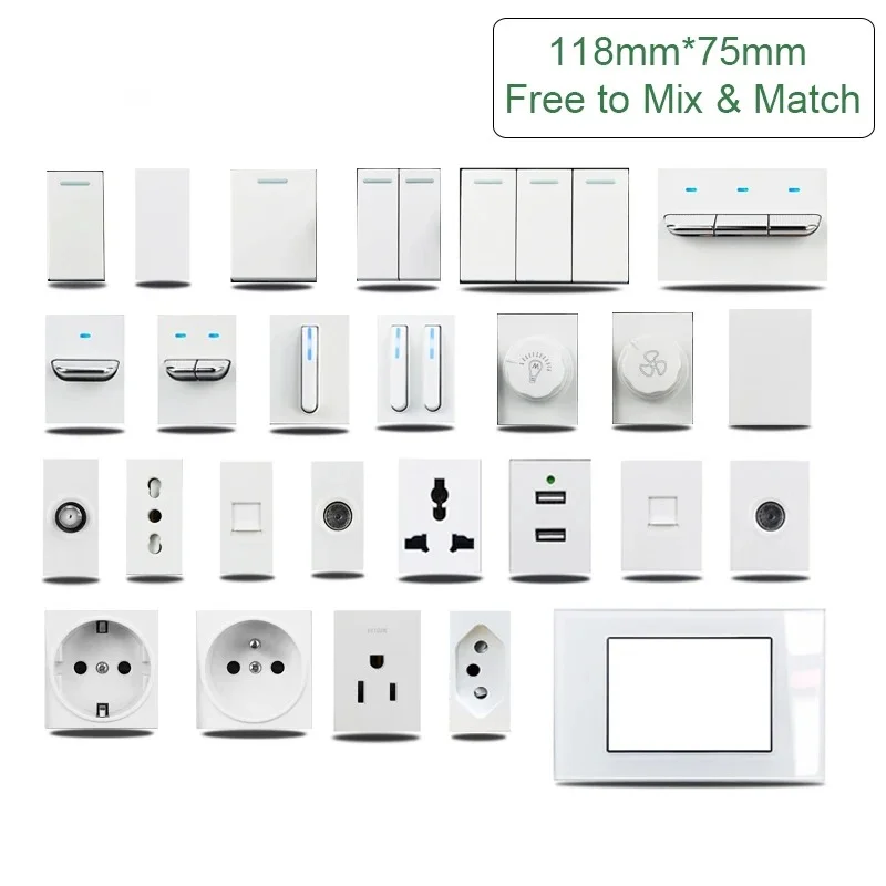 

118*75mm White Glass Automatic Reset Toggle Switch Socket DIY 1 2 3 Gang 2 Way with Dimmer Fan Controller US AU Italian Socket