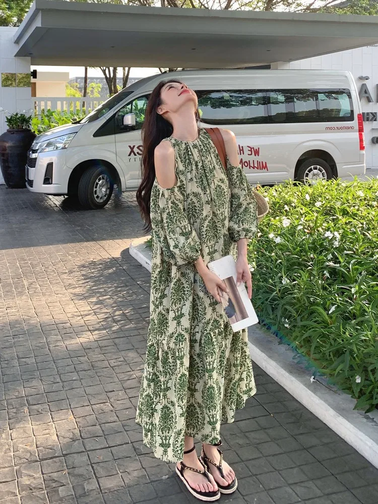 플러스 사이즈 여성을 위한 레이드바 플로럴 프린트 오프숄더 드레스 플러스 사이즈 여름 루즈핏 배 커버 슬리밍 롱 스커트