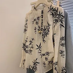 Female Spring Summer Chinese Style Button Solid Color O-neck Women Clothing Tshirt Elegant Simplicity Chiffon Long Sleeve Top