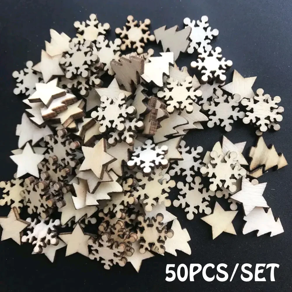 50Pcs Wooden Christmas Tree Snowflakes Stars DIY Christmas Hanging Ornaments Pendant Table Christmas Home Decorations Supplies