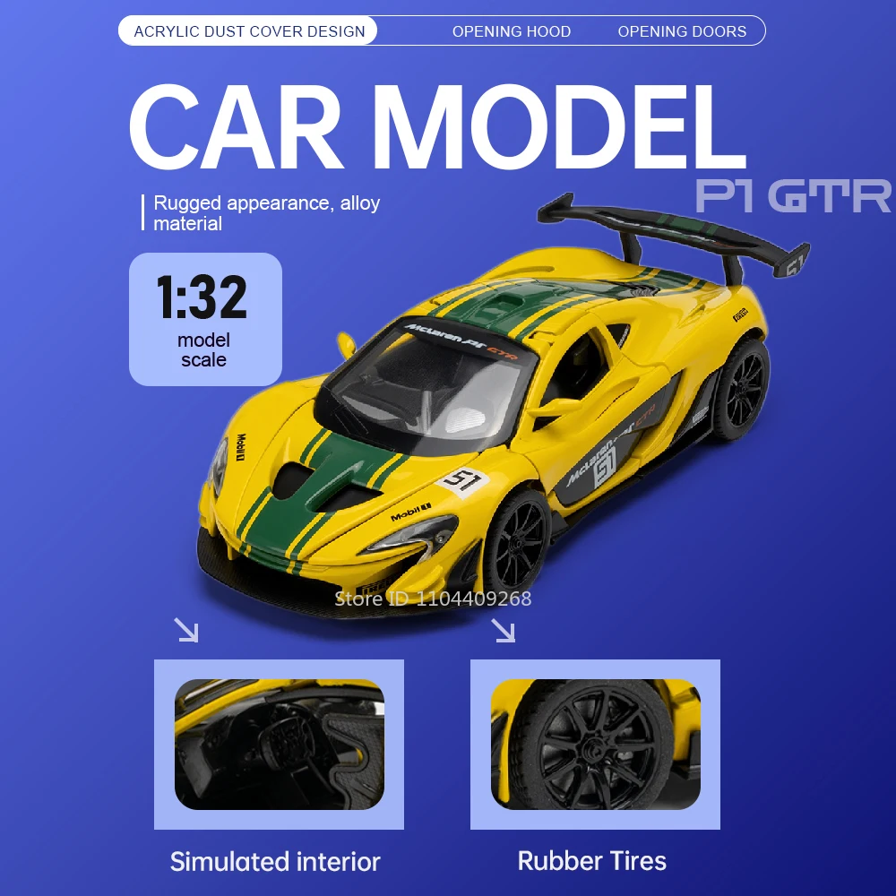 

1:32 Scale P1 GTR MISTRAL Model Car Toy Openable Hood Alloy Diecast Rubber Tires Supercar Models Toys Birthday Gifts for Kids