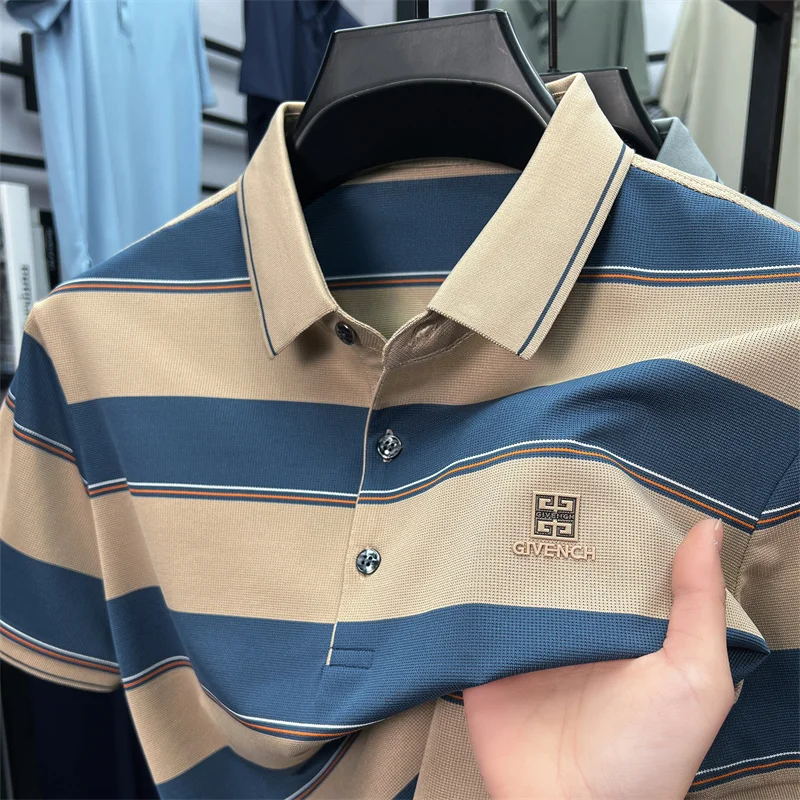 ضوء فاخر مخطط اللون منعت قصيرة الأكمام قميص بولو رمز العلامة التجارية تنقش الراقية عادية الصيف حريري السلس تي شيرت رجالي #2