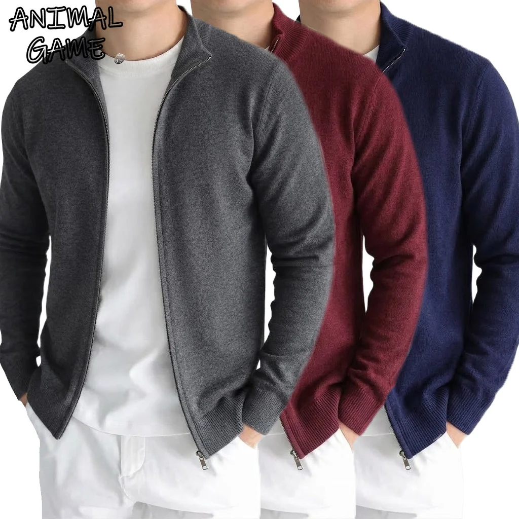 New Men's Zip Knit Cardigan Coats Stand Collar Casual Sweater Solid Color Long Sleeve Jacket Slim Fit Thermal Outerwear Sweaters