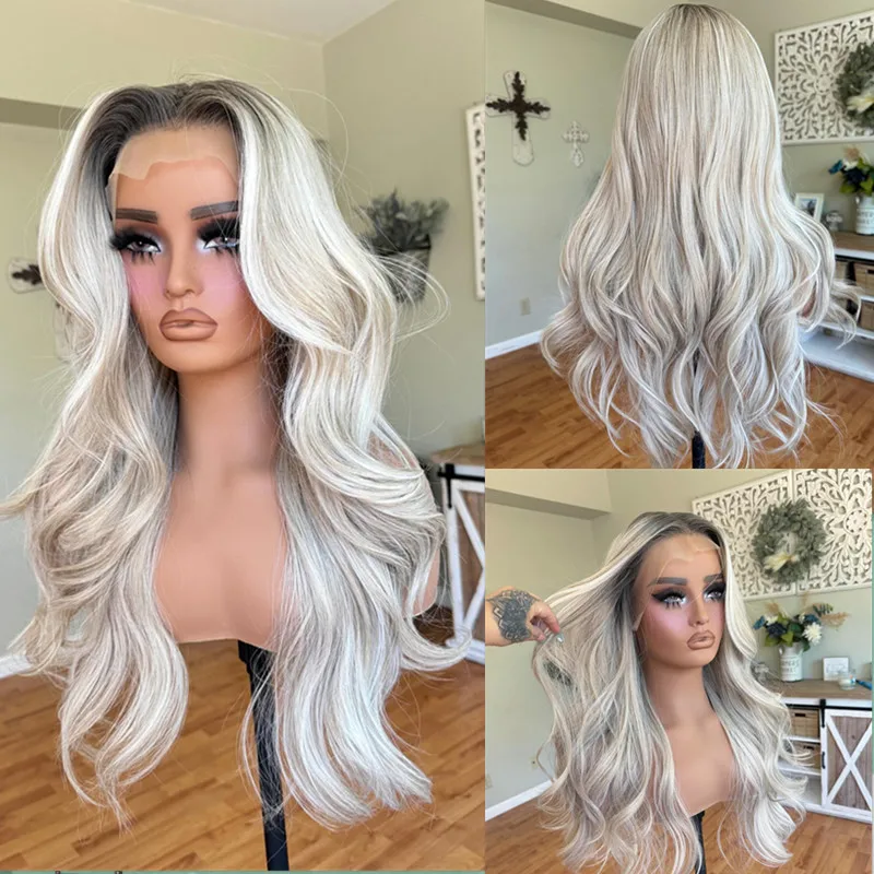 Natural Wave Ash Grey Blonde Highlight Synthetic Lace Front Wigs High Heat Resistant Hair For Women Daily Use Pre Plucked Sale