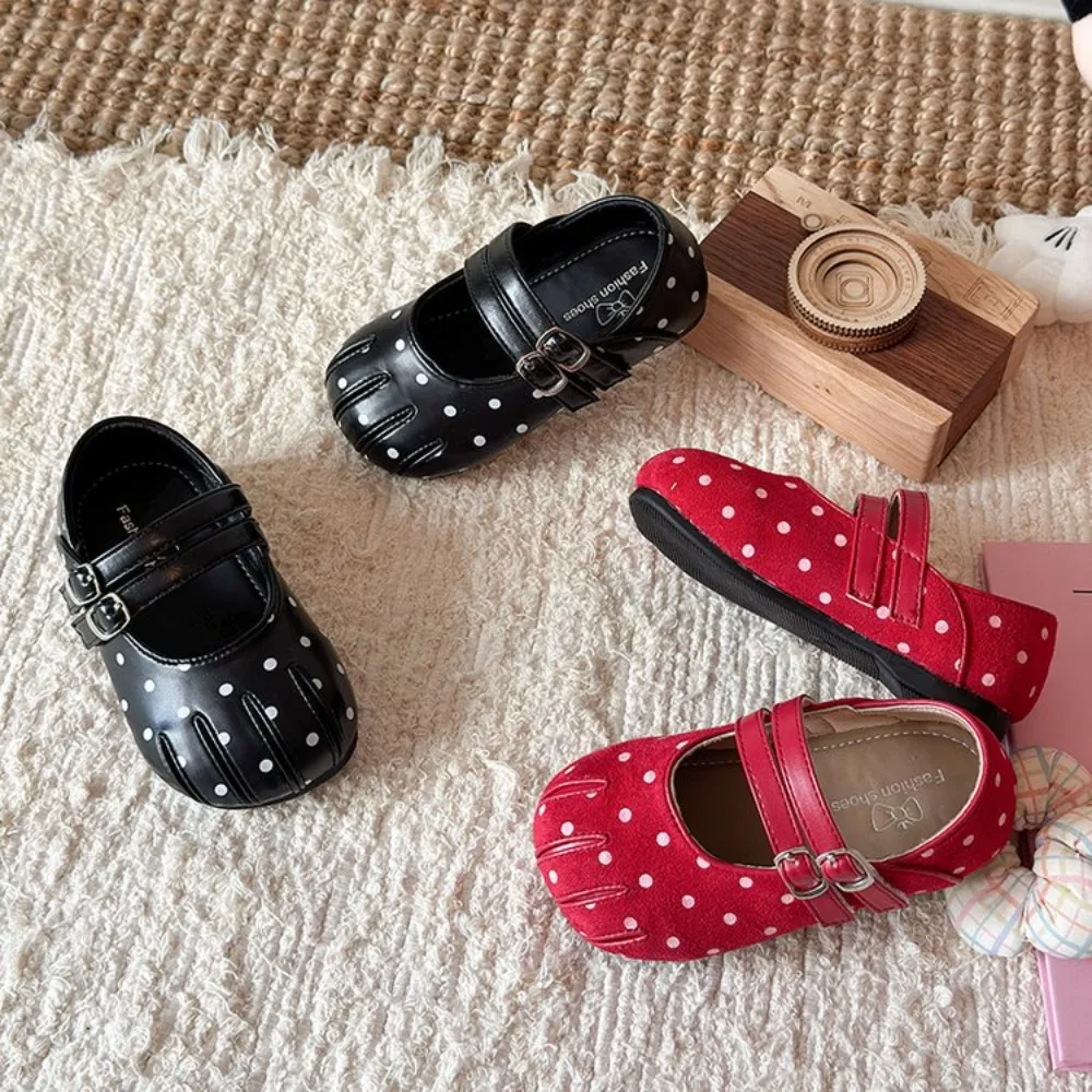 Toddler Polka Dot Mary Jane Shoes, Girls Retro Double Buckle Strap Flat Shoes, Cute Split Toe Non-Slip Soft Sole Princess Dress