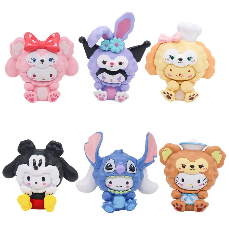 

6pcs/set Sanrio Hello Kitty Cos Stitch Model Cute Transformation Mickey Pendant Kulomi Cartoon Doll Ornament Kids Gifts