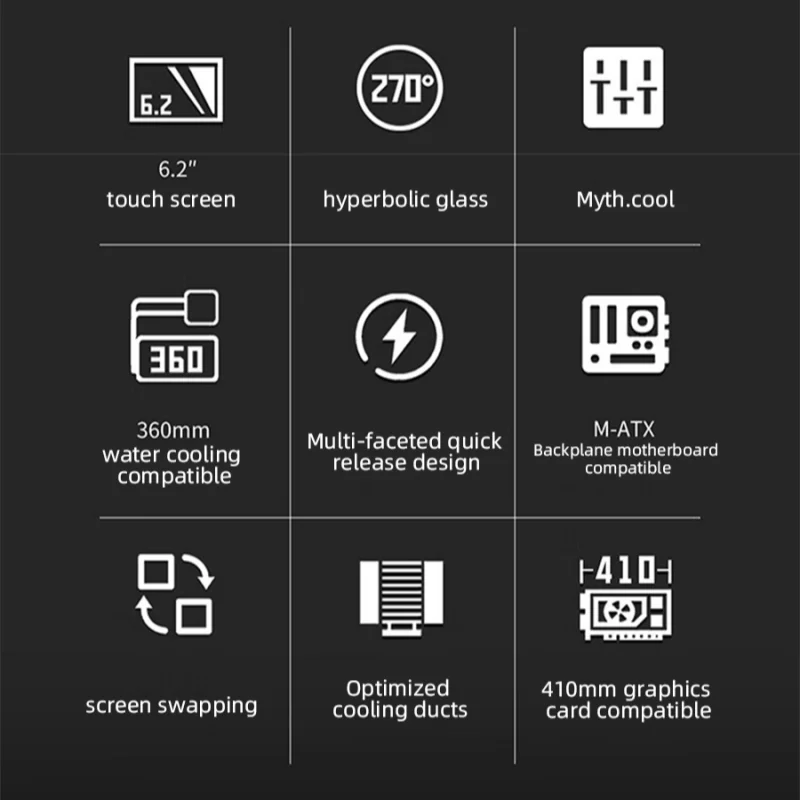 VALKYRIE M-ATX PC Case Gaming Desktop Case VK03-M LCD suporta resfriamento de água 360 vidro touchscreen de 6,2 polegadas 270 °   Sala de vista marítima