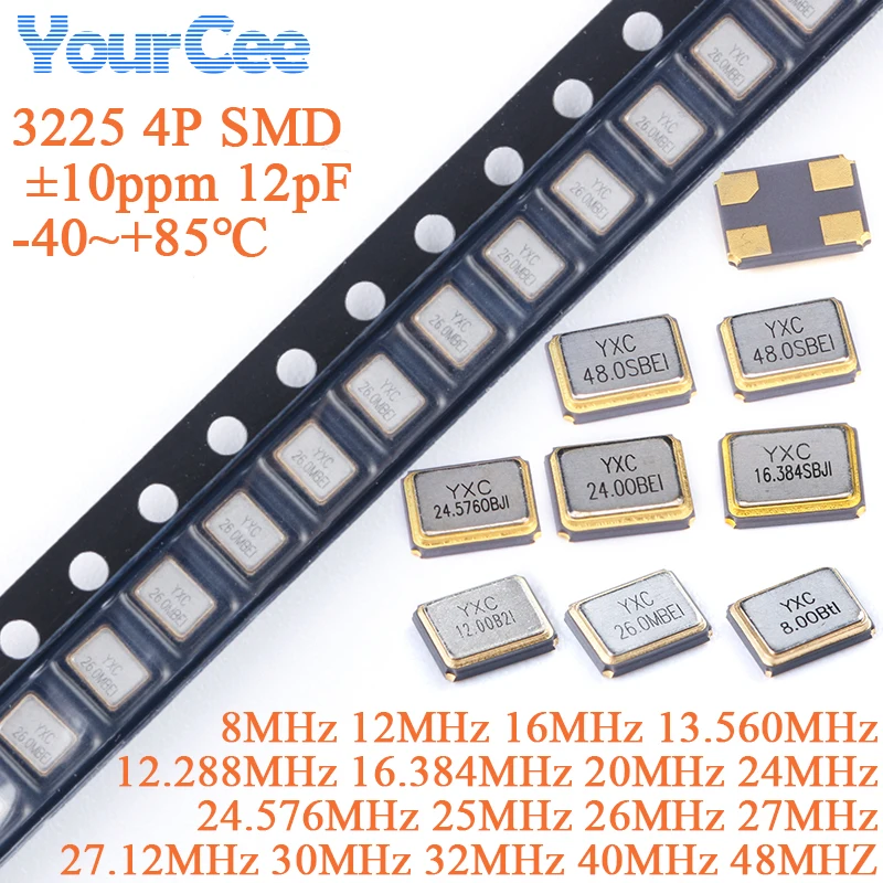 10pcs 3225 4P SMD Passive Quartz Crystal Rectangular 8.000MHz 8.000M 0Mhz 12Mhz 16Mhz 20Mhz 24Mhz 26Mhz 30Mhz 32Mhz 40Mhz 48Mhz