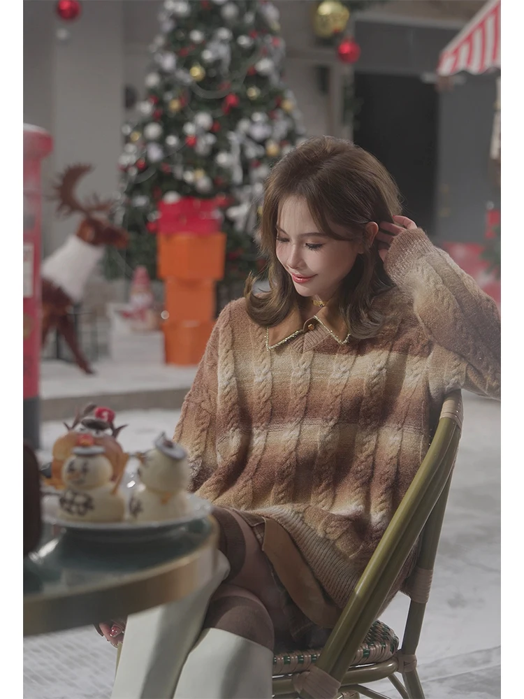 

Акция Gold Eating Beast Internal Purchase Event [Bakery House] Ретро свободный полосатый свитер с V-образным вырезом для женщин, модный, весенний, А...