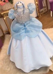 Elegant Flower Girl Dress For Wedding Blue Satin Puffy Princess Dresses Party Kids Birthday Gift Ball First Communion Gowns