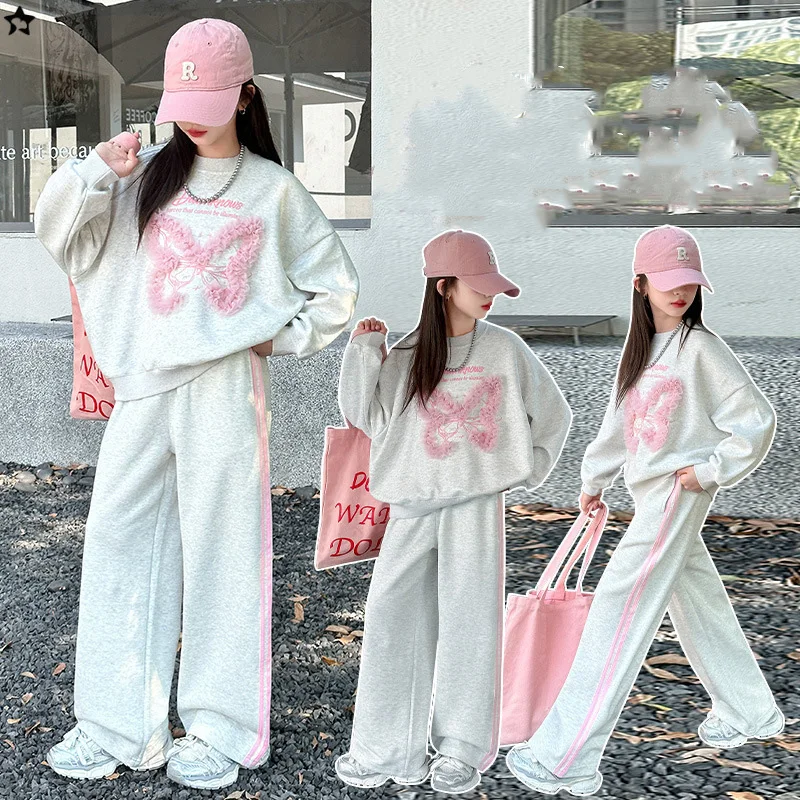 

2025 Autumn Children Girls Two-piece Sets Bowknot Long Sleeves Sweatshirt+Elastic Waist Striped Pant School Girls Tracksuit