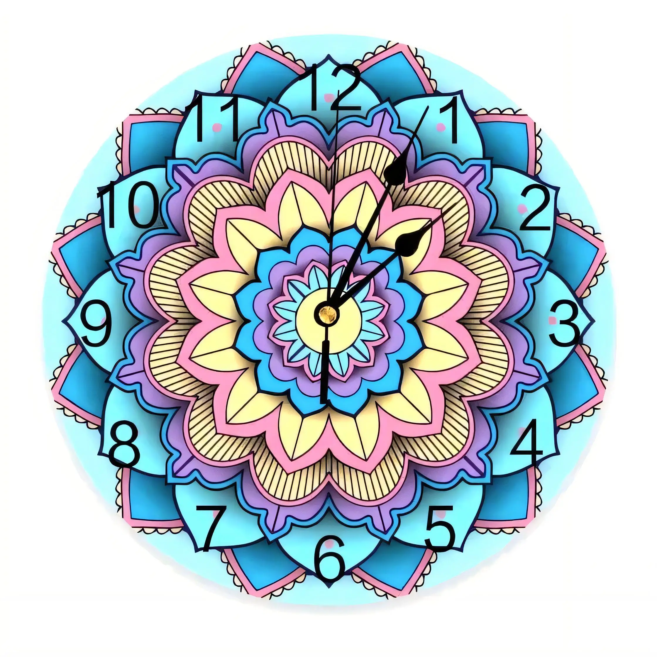 Vibrant Mandala Flower Wall Clock  Pastel Pink Blue Yellow Decorative Home Art Silent Non Ticking Battery Operated