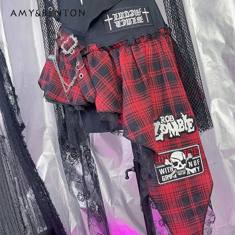 

Original Design Y2K Hot Girl Subculture Chain Irregular Women's Skirt Punk Splicing Embroidered Lace Plaid Short Skirts Ladies