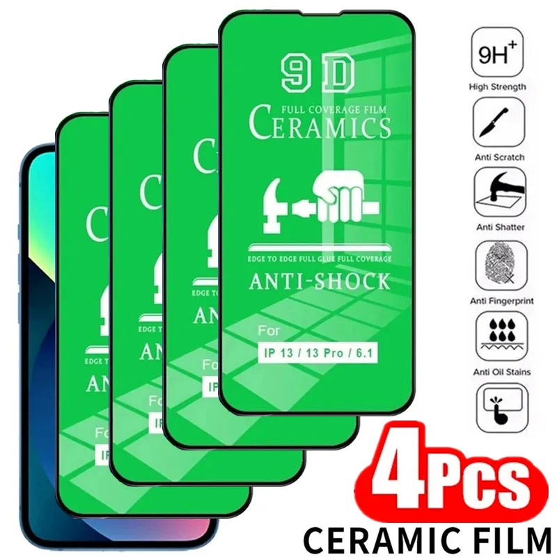 Filme cerâmico macio HD para iPhone, protetor de tela, não vidro, 14, 11, 12, 13 Pro Max, Mini, 15, 16 Plus, XS, X, XR, SE, 4pcs