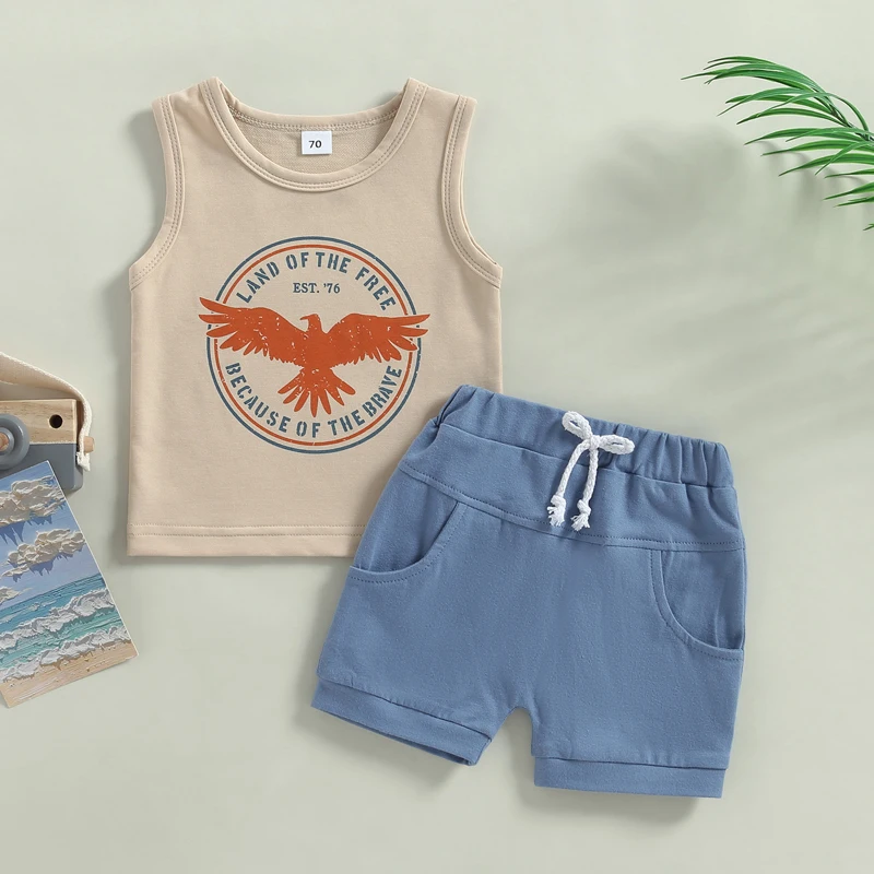 Conjunto de roupa infantil de 2 peças, sem mangas, gola redonda, estampa de dinossauro, regata, cintura elástica, shorts de cor sólida para o verão