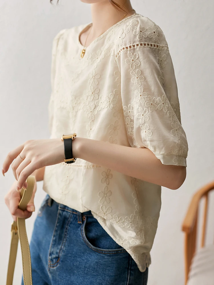 QOERLIN Chic Embroidered Floral Hollow Out Short Sleeve Blouse Women Elegant Casual Loose Summer O-Neck Beige Shirts Female Tops