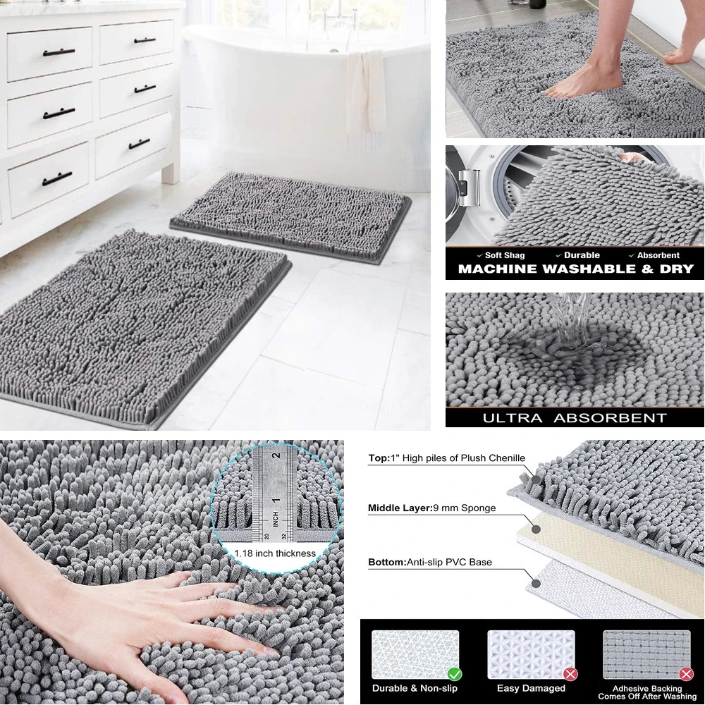 Chenille Absorbent Soft Plush Bath Mat Machine Washable Non slip Bathroom Carpet Suitable for Bathtubs and Showers