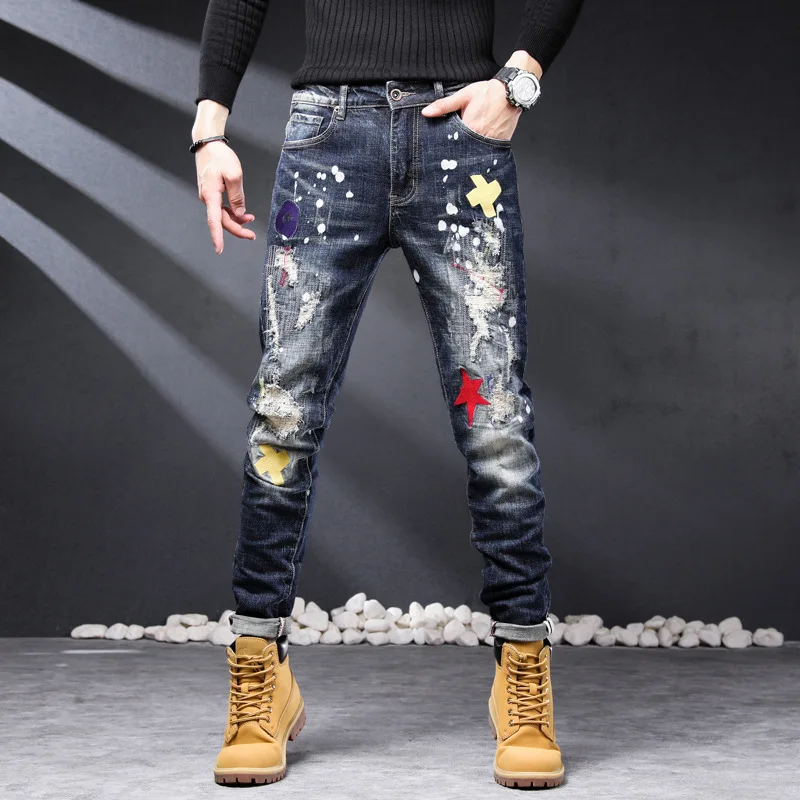 Autumn fashion new jeans with paint scratches washed nostalgic stretch slim fit retro blue men's jeans designer pants Y2K