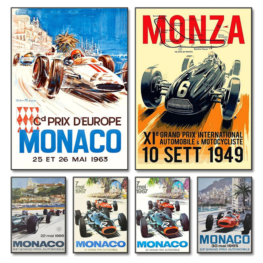 

Vintage Car Races Monaco Prix F1 Racing Poster Canvas Painting F1 Grand Prix Edition Racing Wall Art Pictures Home Decor