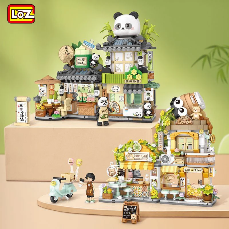 New Loz Building Block Original MINI Little Bear Cafe Panda Tea House Foldable Streetscape Decoration Model Children's Toys Gift