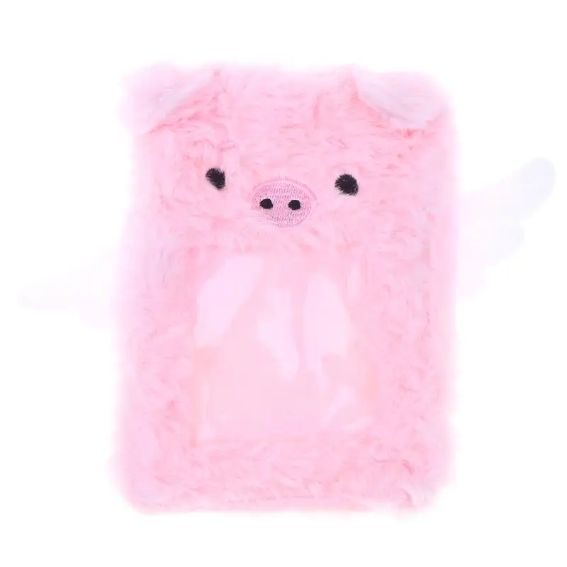 Pink Cute Angel Key Rings Pig Plush Card Holder 3 Inch Kawaii Fuzzy PVC Window ID Transit Card Case Key Chain