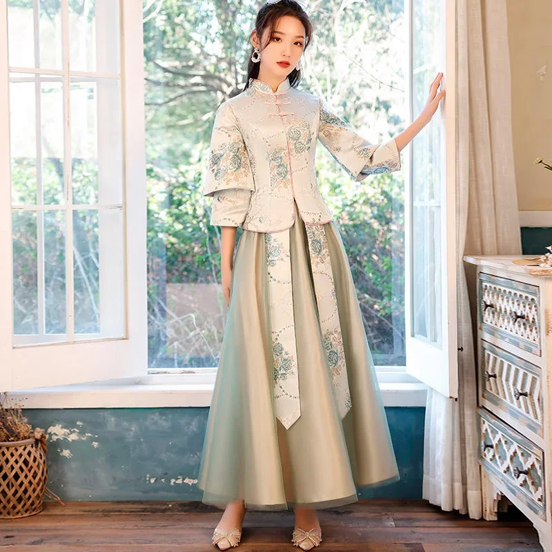 Pink&Green 2PC Women Chinese Style Costume Lady Bridesmaid dress Tang Suit Party Show Cheongsam Wedding Cosplay