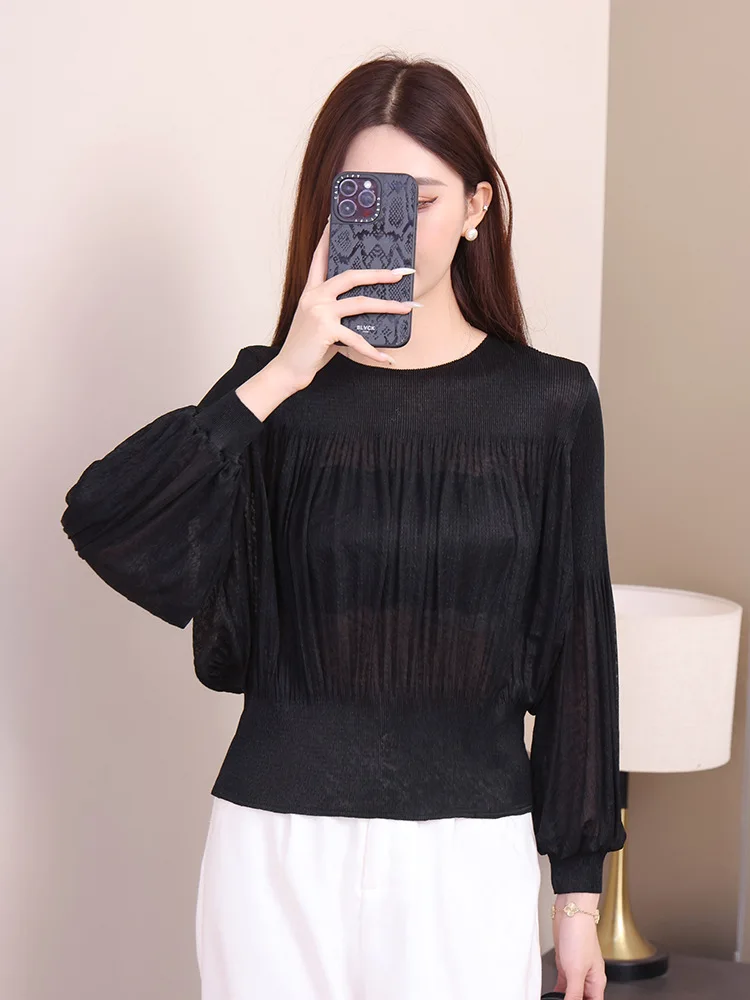 Miyake plissado camiseta outono 2025 novo elegante simples cor sólida plissado camiseta solta plus size cem topos de manga comprida