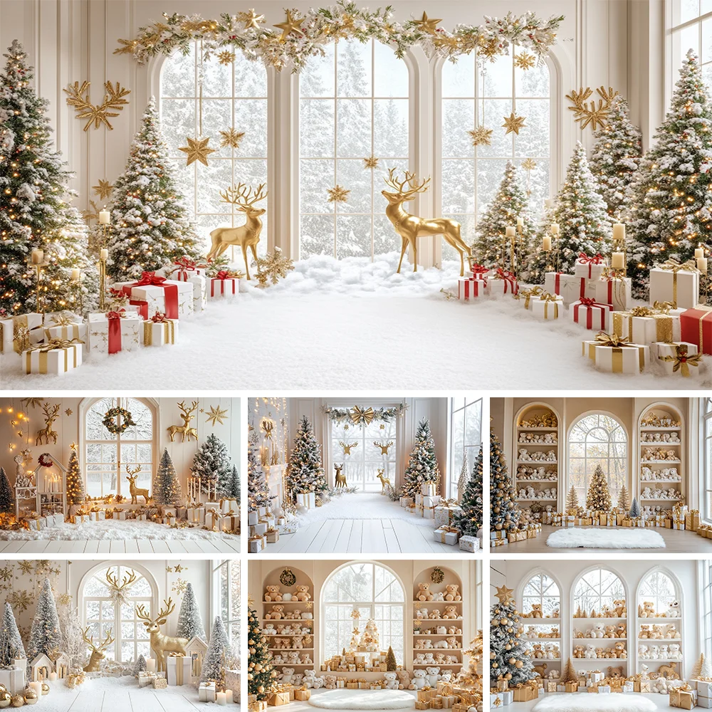 

Interior Christmas Decorations Backdrop Arched Window Teddy Bear Shelves Christmas Tree Gifts Family Portrait Photo Background