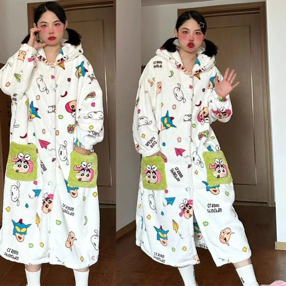 Anime Crayon Shin-Chan Long Plush Robe Hooded Design Cartoon Print Coral Fleece Nightwear Loose Cozy Warm Fluffy Home Bath Robe
