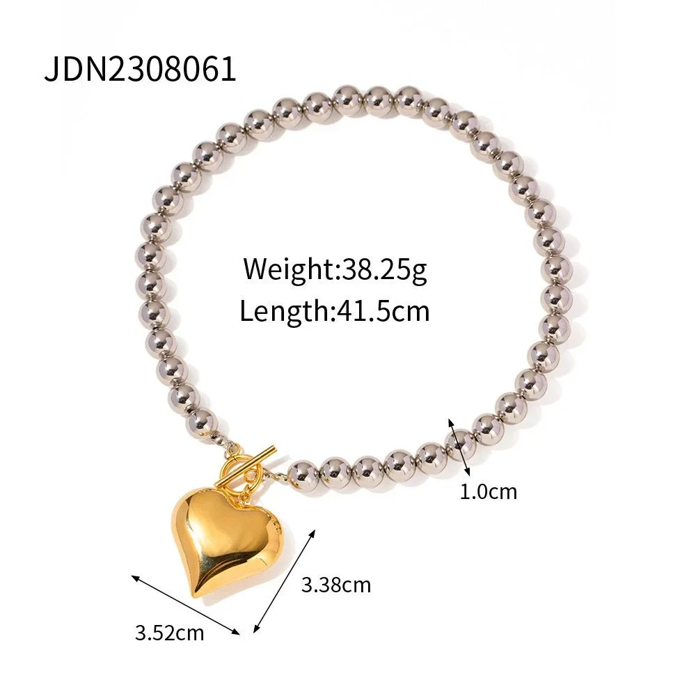 Vintage Punk Hip-Hop Silver Plated Metal Bead Thick Chain Necklace For Women Female Fashion Heart-shaped Pendant Jewelry Gift