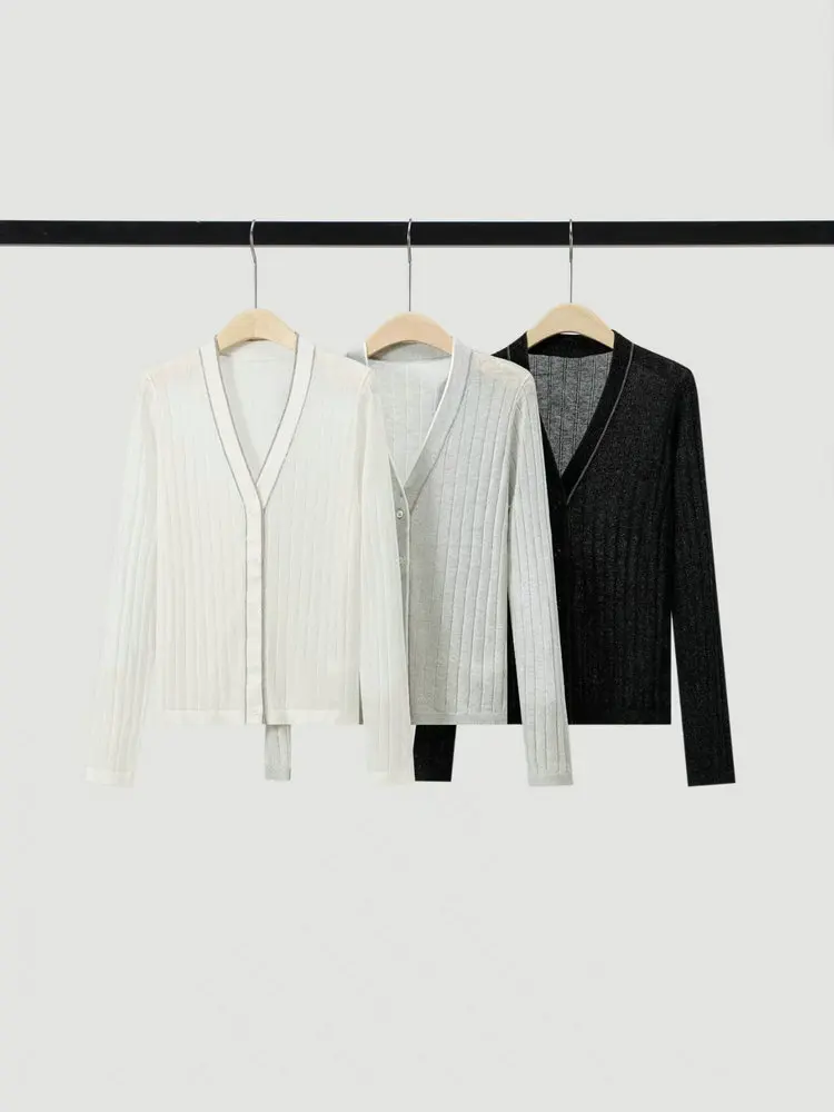 Women's 2026 Autumn Winter New Item V-neck Knitted Cardigan Long Sleeved Chain Wool Top