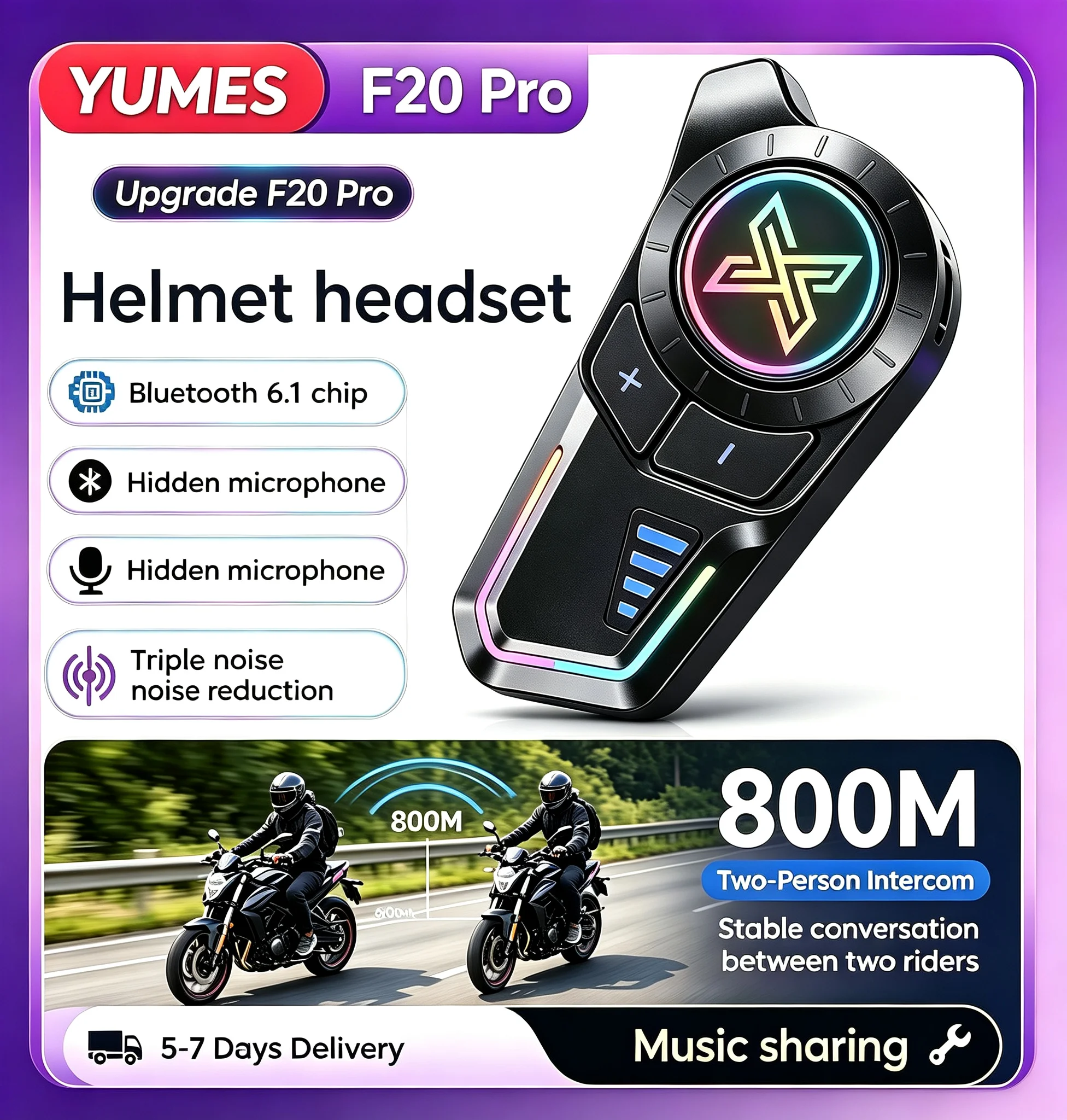 Casque de moto YUMES F-20 PRO avec kit mains libres Bluetooth, intercom pour deux motards avec une portée de 800 m, son DSP 5D, réduction du bruit CVC, autonomie de la batterie de 45 heures.