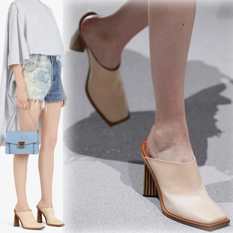 Special-Shaped Gradient Square-Toe Sandals Lazy Half Slippers Outerwear Mules Plus Size Women Shoes Sandalias Mujer Verano