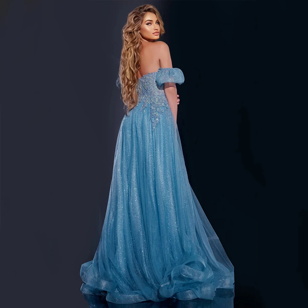 Customized Exquisite Tulle Applique Sequined Draped A-line Off-the-shoulder Long Dresses Bespoke Occasion Dresses Sparkle Formal