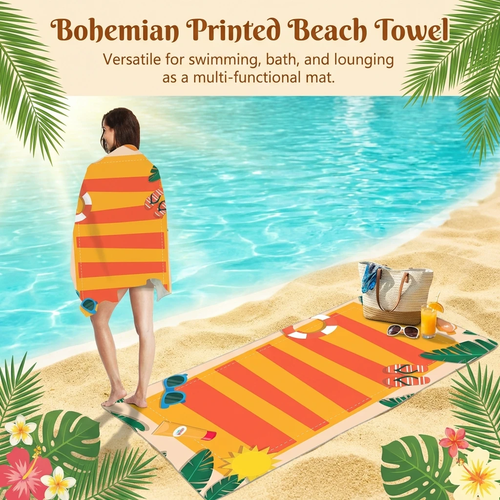 

Bohemian Style Beach Towel Printed Bath Towel for Swimming and Yoga with Cotton Linen Blend Material