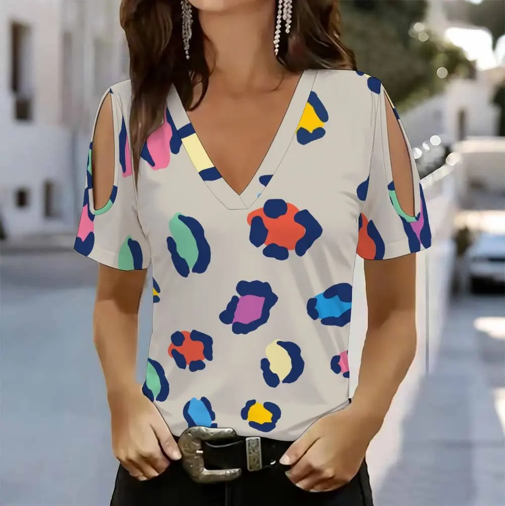 Women Leopard Snake Print Cold Shoulder Blouse V Neck Short Sleeve Casual Summer Tops