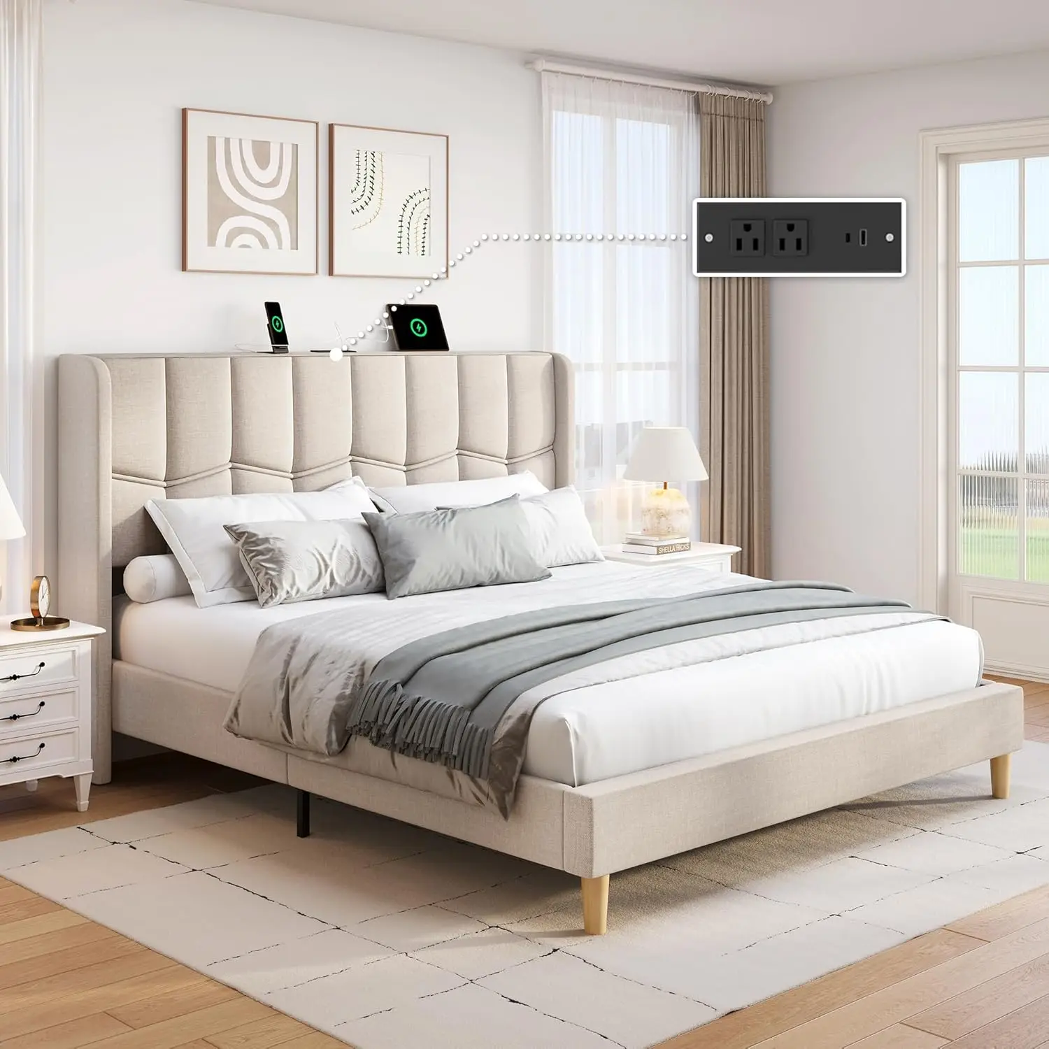 

Upholstered Platform Bed Frame with Linen Wing Headboard USB Charging Wood Slats Support No Box Spring Needed Beige Customized
