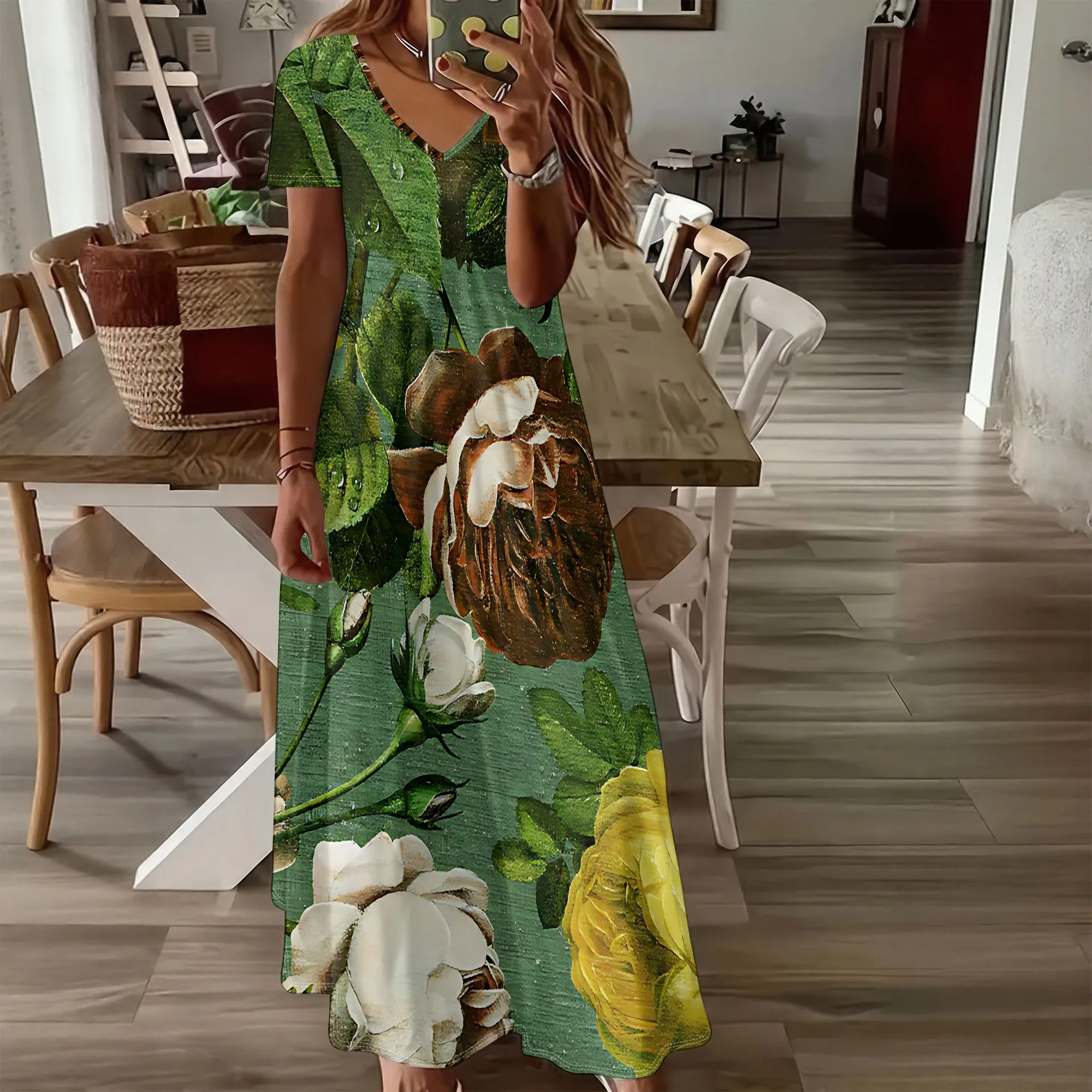 

Summer Women's Short Sleeved V-neck Long Dress, 3D Fashionable Printed Pattern Dress, Casual Vacation Style.