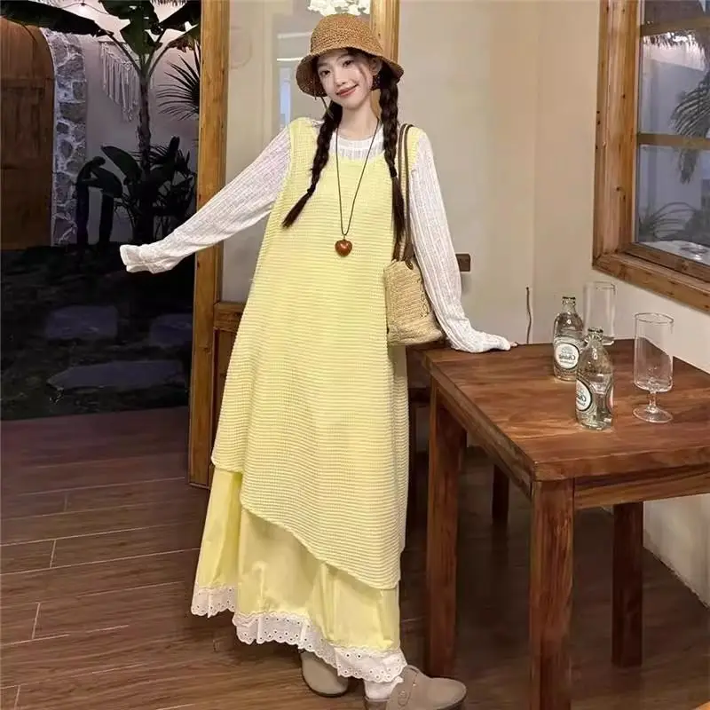 

Women Holiday Irregular Layered Three Piece Set Sleeveless Dress Lace Skirt Long Sleeve Top Casual Outfit