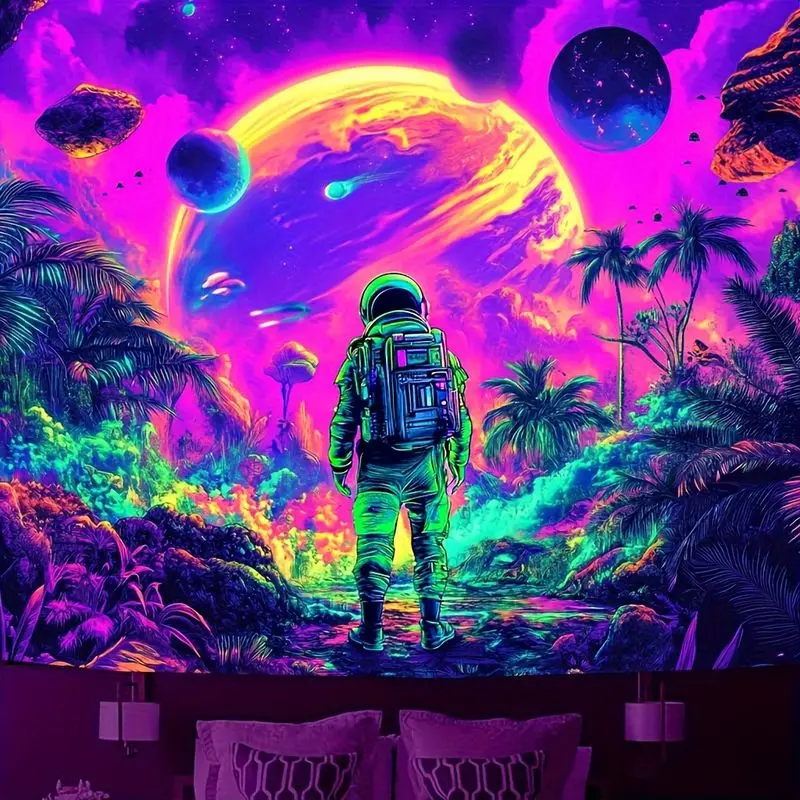VIKAMA Tropical Palm Alien Astronaut Interstellar Secret Realm Tapestry, Cyber Wall Hanging for Bedroom Decor
