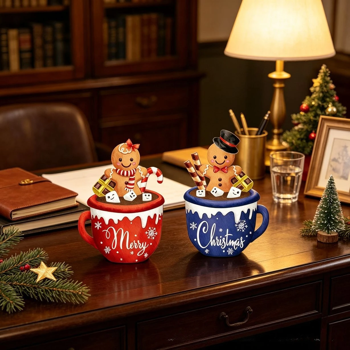 Cute Gingerbread Man in Mug Christmas Ornament Resin Figurine Red Blue Teacup Shape Xmas Decoration Holiday Party Favor
