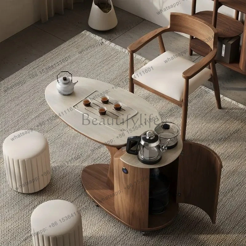 Mobile Tea Table Home Small Tea Cart Balcony Exquisite Minimalist Small Brewing Table Solid Wood Rock Board